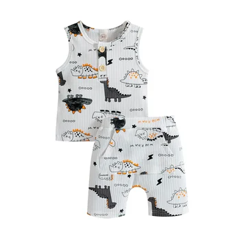 Летни дрехи за най-малките момчета от 2 теми, потници без ръкави с принтом динозавър и копчета отпред + шорти, комплект