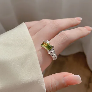 Модни сребристо-зелени правоъгълни пръстени с камъни за жени, дамски Прости модерен ретро-анилло, подаръци за партита, аксесоари, изискани бижута