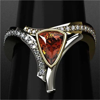 Луксозно дамско пръстен с червен триъгълен камък Жълти, златни, сребърни Годежни пръстени за жени, очарователно малко годежен пръстен с кристали