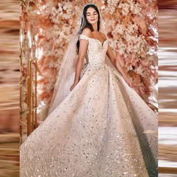 Луксозни Сватбени рокли с украса във формата на кристали, които са украсени с мъниста, бална рокля с дълги ръкави, секси сватбени халати за младоженци в Дубай големи размери с влак
