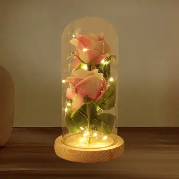 Изкуствени Цветя, Рози със Стъклен Капак, Творчески Реалистичен Цвете, Led нощна светлина за Масата, Подарък за Свети Валентин, Декорация на Дома
