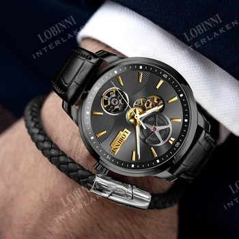 LOBINNI Луксозни маркови нов модерен мъжки часовник с водоустойчив кожена каишка, ежедневни автоматични механични часовници Relogio Masculino