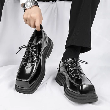 Мъжки ежедневни бизнес костюм с противоскользящим покритие, дишаща естествена кожа с дебела подметка, британска модна ежедневни обувки, кожени обувки с широки пръсти