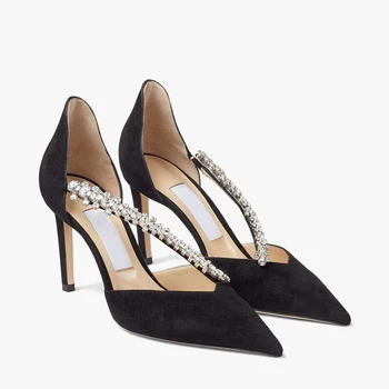 2023 Летни луксозни маркови велурени дамски сандали на висок ток, обувки за сватба с веригата и с кристали, дамски обувки-лодка на тънък ток, с остри пръсти, Женски