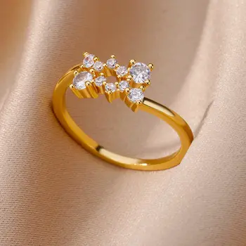 Малки пръстени с двойно цирконием за жени, позлатените който отваря пръстен от неръждаема стомана, модерен корейски бижута подарък за сватбени партита 2023