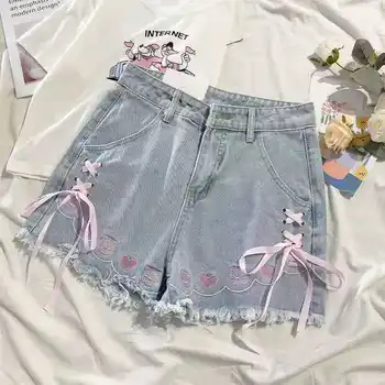 Корейски Стил, Нови сладки мини-шорти, дънки, дамски панталони Harajuku Pink Kawaii Y2k, ежедневни эстетичная корея модни летни дрехи
