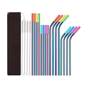 32 многократна употреба на Опаковки метални соломинок рейнбоу цвят със силиконов връх, цветни дълги сламки от неръждаема стомана, соломинка за пиене