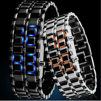 Модни черни изцяло метална цифрови ръчен часовник от лава, мъжки червени/сини led часовник с дисплей, мъжки часовници, подаръци за момчета, спортни творчески часовници