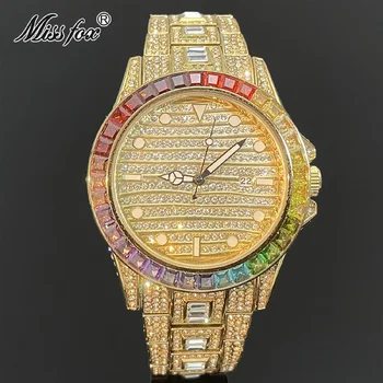 Нови Луксозни часовници Мъжки златни Водоустойчив Моден кварцов часовник хип-хоп Iced Out Rainbow Moissanite Бижута, часовници Безплатна Доставка