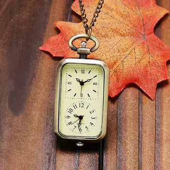 Ретро Бронзови квадратни джобен часовник с двойно часови пояс в мини-проекта с двойната часова зона и на веригата за почивка, подарък мъжки часовник