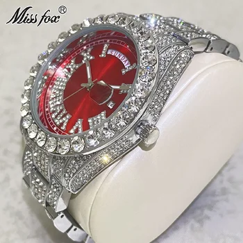 Нова марка, горещи луксозни часовници от муассанита за мъже, модни червени водоустойчиви часовници, автоматични часовници с датата на седмица, мъжки подарък, Горещ