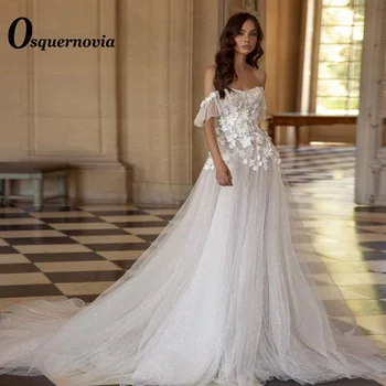 Osquernovia Прекрасни сватбени рокли от лъскави тюл 2023 без презрамки с аппликацией, без гръб, с отворени рамене, 3D Цветя по поръчка