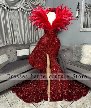 Червени кадифени рокли на Русалка с пайети 2023, за бала, за черни момичета рокля с пера за рожден ден, вечерна рокля с висока цепка, вечерни халати De Soirée
