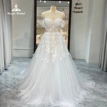 Сватбена рокля в стил бохо с открити рамене, сватбени рокли принцеса с 3D цветя, придворен струята, Vestidos De Noiva Mariage, Плаж
