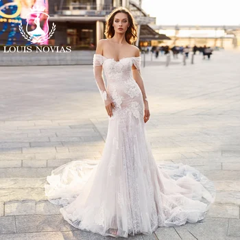 Булчинската рокля на LOUIS NOVIAS в стил Русалка с открити рамене 2023, апликации във формата на сърце, дантелено сватбена рокля-тромпет Vestidos De Новия