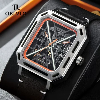 OBLVLO Правоъгълен прозрачен циферблат, часовници с виртуален скелет, Модерен блясък мъжки спортни ръчен часовник със сапфир стъкло, водоустойчив часовници