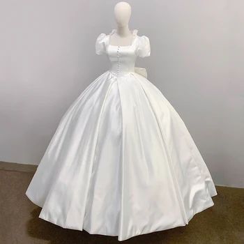 Атласное сватбена рокля 2022 с лодка деколте, къси ръкави, отворена върти С лък, Женски сватбени рокли