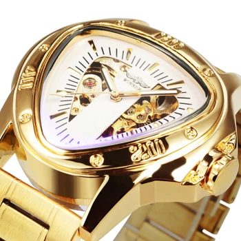 Мъжки автоматични механични часовници Winner Skeleton с грешен триъгълен корпус, най-добрата марка за луксозни каишка от неръждаема стомана, часовници