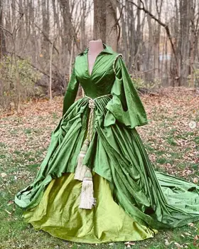 Реколта зелени рокли Emrald за бала с дълъг ръкав от кадифе, вечерна рокля за cosplay от средновековния филм и герой