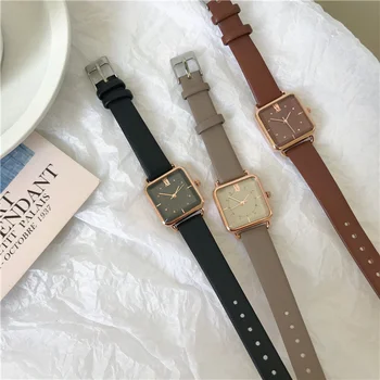 Часовници дамски модни квадратни дамски кварцов часовник Прост ретро дизайн Часовници за жени кожена каишка дамски часовници Reloj De Mujer