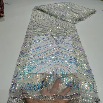 Лейси плат с пайети в нигерия стил 2023, благородна бяла африканска тюлевая плат с бродерия за булчински рокли, сетчатое дантела 5 ярда