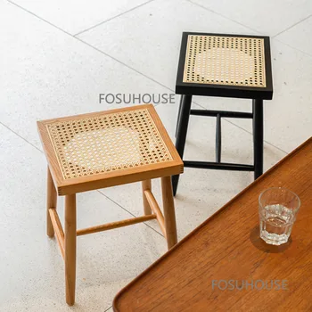 Скандинавски просто малък стол от ратан от масивно дърво модерен ниско столче Японски маса за хранене, столче ресторант ins оригинален творчески дървена табуретка