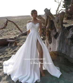 Сватбена рокля с висока цепка за жени, атласное плажна рокля на Булката с лък, с дължина до пода, Robe De Mariee, с влак Бял цвят, 2023