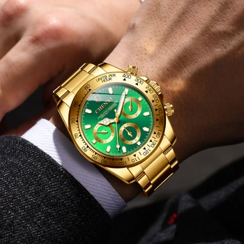 Модни Златни светещите стрелки, кварцов часовник с кръгла циферблат Hardlex, луксозни часовници, мъжки часовници е от неръждаема стомана