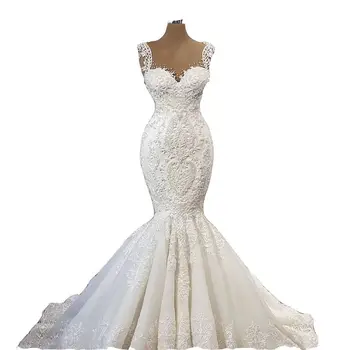 Прекрасни сватбени рокли на Русалка, сватбена рокля с дантелен аппликацией, бретельки, корсет от мъниста на гърба, изработена по поръчка, Плажен Кънтри Плюс Размер 2024