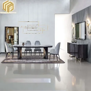 Комбинация от италиански светло лукс на мраморно маса за хранене и столове, дизайнерски дом, италиански правоъгълна маса за хранене от висок клас за конференция