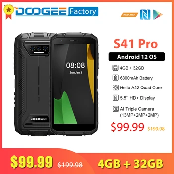 DOOGEE S41 Pro 4 GB 32 GB Издръжлив смартфон 6300 ма 5.5-Инчов IPS HD Екран, 13-Мегапикселова AI Тройната Камера Android 12 NFC и 4G Мобилен телефон