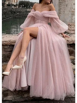 Розови Буйни Вечерни рокли за бала с открити рамене, дълги ръкави, тюлевое рокля с цепка отпред, бална рокля за арабска официалната парти в Дубай 2023