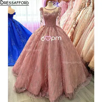 Розова блестяща бална рокля с мъниста и перли, буйни рокли, илюзия, корсет с дълъг ръкав и кристали, расшитый пайети, Vestidos Para XV Años