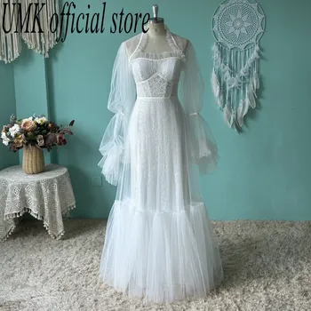 UMK Уникална сватбена рокля в бохемски стил, завързана сако без презрамки, Иллюзионные сватбени Рокли, Винтажное Vestido De Noiva