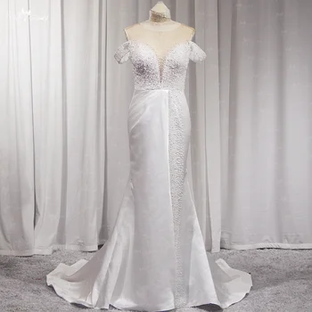 LZ524, елегантна сватбена рокля на Русалка от сатен с цвят на слонова кост, с кръгло деколте и открити рамене, луксозно дълга сватбена рокля в сгъвката с перли