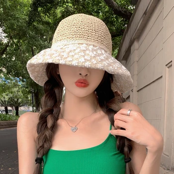 Японската елегантна лейси солнцезащитная шапка Ins с голяма периферия, открива малко лицето, летни почивки, морски плаж, слънчеви шапки-кофи за жени