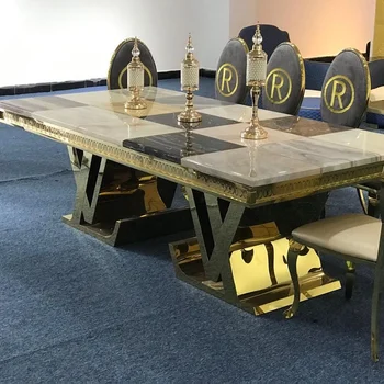 Луксозна правоъгълна мраморна маса за хранене с резным ръба, Златни Месинг, Сватбена маса от неръждаема стомана в хотела