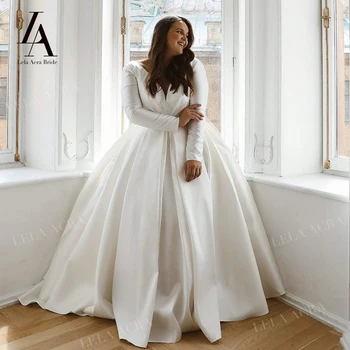 Сватбена рокля LelaAcra с дълъг ръкав 2023, Атласное рокля Трапецовидна форма с V-образно деколте и с Влак, Рокля на Принцеса Булка OB130, Големи Размери, Vestido de Noiva