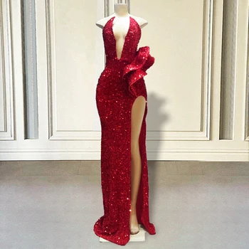 Червена дълга рокля на Русалка за бала, блестящи пайетки, секси момичета с висока цепка отстрани, Дамски официални рокли 2023