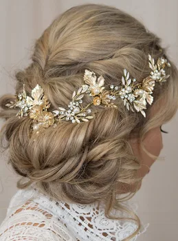 Златната лоза за косата на булката, корона от златни листа, сватбена диадема, гребен за младоженци, Златна корона, метална златен гребен, цвете лоза за коса за жени