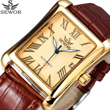 Марка SEWOR, римски правоъгълни автоматични часовници с автоматично датата, златна кожена каишка, бизнес механични часовници Relogio Masculino