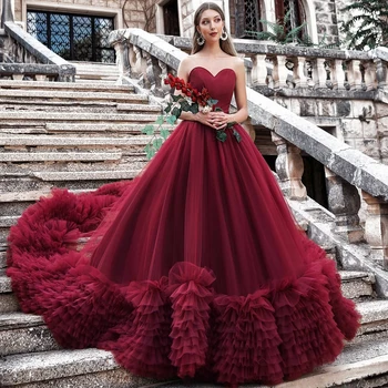 Бордовое Елегантна вечерна рокля с Дължина до пода, без ръкави, под формата на сърце от Тюл в сгъвката, За Тържествен повод, бална рокля Vestidos De Fiesta