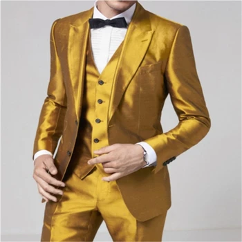 Златен Моден дизайн, комплект от 3 теми, мъжки костюми, официални елегантния блейзър, Блестящ, Изработена по поръчка, Комплект от 3 теми defacto homme (яке + Панталон + елек)