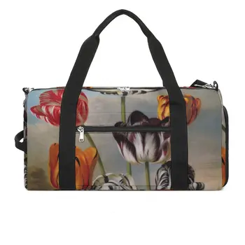 Спортна чанта с флорални природа, спортна чанта, голяма реколта пъстра мъжки дизайнерска чанта почивен ден, цветни багаж, чанта за фитнес
