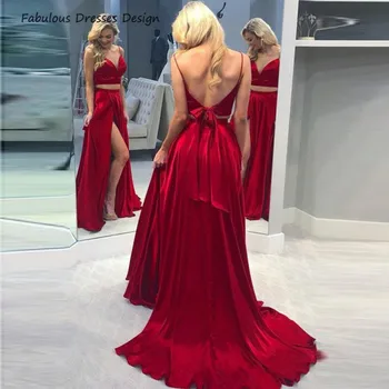 Червени и дълги рокли за абитуриентски бал от две части трапецовидна форма с влак на спагети презрамки, вечерна рокля с деколте лодка и лък за сватбени партита