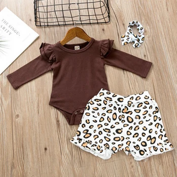 FOCUSNORM/ Комплекти дрехи за Новородени момичета от 0 до 3 години, монофонични гащеризон с дълги ръкави и набори, леопардовые Шорти, превръзка на главата