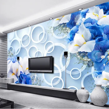 Модерен интериорен дизайн на Тапети 3D Стерео Фентъзи Сини Цветя Кръг Фотообои Хол с телевизор, Разтегателен Фона на Декора на стените