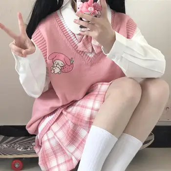 Японски мил женски пуловер Sanrio Kuromi в стил колеж, униформи, вязаный пуловер, жилетка, свободен пуловер без ръкави My Melody sweet girl
