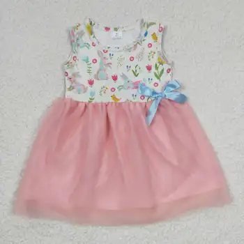Нов дизайн, RTS, без MOQ, пролетни розови рокли без ръкави за новородени момичета, детски тюлевая дрехи с зайчиком, сладка рокля-пакет за деца