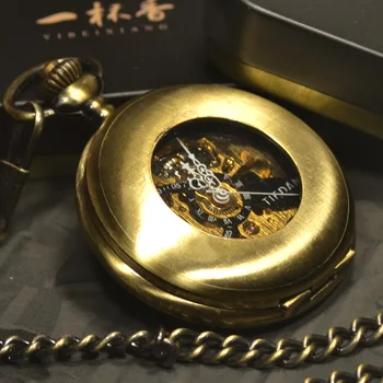 Луксозни модни джобни часовници в стил steampunk с древен бронзов виртуален скелет, мъжки механичен часовник-верига, колие, бизнес ежедневните си джобен часовник с брелоком